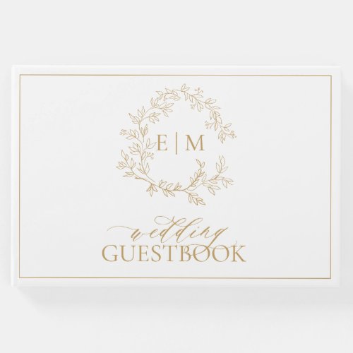 Gold Leafy Crest Monogram Wedding Guest Book - Create the perfect wedding registry with this guestbook. We're loving this trendy, modern gold wedding suite! Simple, elegant, and oh-so-pretty, it features a hand drawn leafy wreath encircling a modern wedding monogram. It is personalized in elegant typography, and accented with hand-lettered calligraphy. Finally, it is trimmed in a delicate frame. Veiw suite here: https://www.zazzle.com/collections/gold_leafy_crest_monogram_wedding-119668631605460589 Contact designer for matching products to complete the suite, OR for color variations of this design. Thank you sooo much for supporting our small business, we really appreciate it! 
We are so happy you love this design as much as we do, and would love to invite
you to be part of our new private Facebook group Wedding Planning Tips for Busy Brides. 
Join to receive the latest on sales, new releases and more! 
https://www.facebook.com/groups/622298402544171  
Copyright Anastasia Surridge for Elegant Invites, all rights reserved.