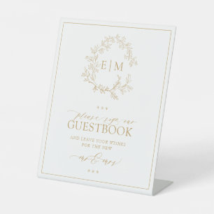 Gold Leafy Crest Monogram Wedding Guestbook Pedestal Sign