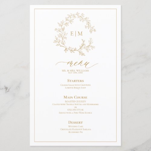 Gold Leafy Crest Monogram Wedding Menu - Create the perfect reception setting! We're loving this trendy, modern gold 5.5"x 8.5" wedding menu! Simple, elegant, and oh-so-pretty, it features a hand drawn leafy wreath encircling a modern wedding monogram. It is personalized in elegant typography, and accented with hand-lettered calligraphy. Finally, it is trimmed in a delicate frame. Veiw suite here: https://www.zazzle.com/collections/gold_leafy_crest_monogram_wedding-119668631605460589 Contact designer for matching products to complete the suite, OR for color variations of this design. Thank you sooo much for supporting our small business, we really appreciate it! 
We are so happy you love this design as much as we do, and would love to invite
you to be part of our new private Facebook group Wedding Planning Tips for Busy Brides. 
Join to receive the latest on sales, new releases and more! 
https://www.facebook.com/groups/622298402544171  
Copyright Anastasia Surridge for Elegant Invites, all rights reserved.