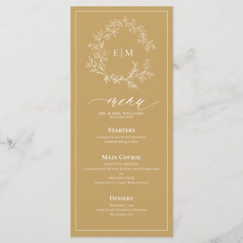 Gold Leafy Crest Monogram Wedding Menu - Create the perfect reception setting! We're loving this trendy, modern gold 4"x 9" wedding menu! Simple, elegant, and oh-so-pretty, it features a hand drawn leafy wreath encircling a modern wedding monogram. It is personalized in elegant typography, and accented with hand-lettered calligraphy. Finally, it is trimmed in a delicate frame. Veiw suite here: https://www.zazzle.com/collections/gold_leafy_crest_monogram_wedding-119668631605460589 Contact designer for matching products to complete the suite, OR for color variations of this design. Thank you sooo much for supporting our small business, we really appreciate it! 
We are so happy you love this design as much as we do, and would love to invite
you to be part of our new private Facebook group Wedding Planning Tips for Busy Brides. 
Join to receive the latest on sales, new releases and more! 
https://www.facebook.com/groups/622298402544171  
Copyright Anastasia Surridge for Elegant Invites, all rights reserved.