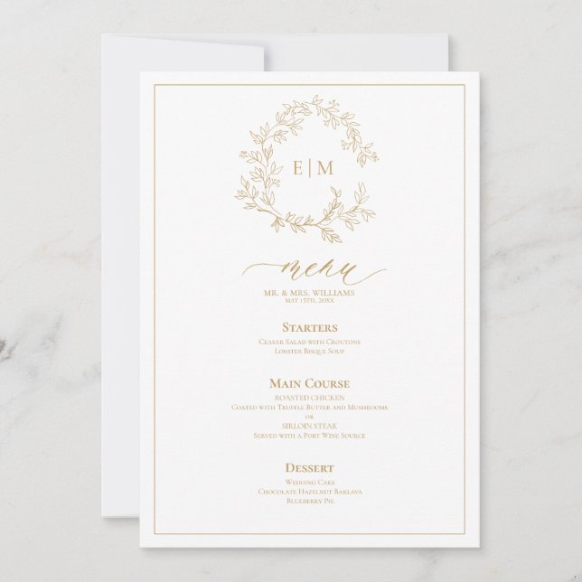 Gold Leafy Crest Monogram Wedding Menu Invitation (Front)