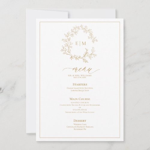 Gold Leafy Crest Monogram Wedding Menu Invitation