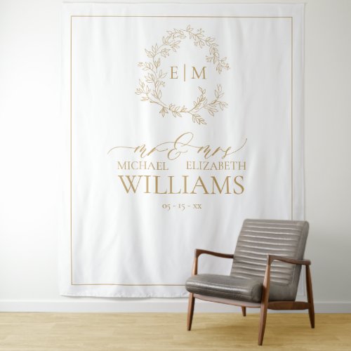 Gold Leafy Crest Monogram Wedding Photo Tapestry - Create the perfect reception photos! We're loving this trendy, modern gold wedding tapestry! Simple, elegant, and oh-so-pretty, it features a hand drawn leafy wreath encircling a modern wedding monogram. It is personalized in elegant typography, and accented with hand-lettered calligraphy. Finally, it is trimmed in a delicate frame. Veiw suite here: https://www.zazzle.com/collections/gold_leafy_crest_monogram_wedding-119668631605460589 Contact designer for matching products to complete the suite, OR for color variations of this design. Thank you sooo much for supporting our small business, we really appreciate it! 
We are so happy you love this design as much as we do, and would love to invite
you to be part of our new private Facebook group Wedding Planning Tips for Busy Brides. 
Join to receive the latest on sales, new releases and more! 
https://www.facebook.com/groups/622298402544171  
Copyright Anastasia Surridge for Elegant Invites, all rights reserved.