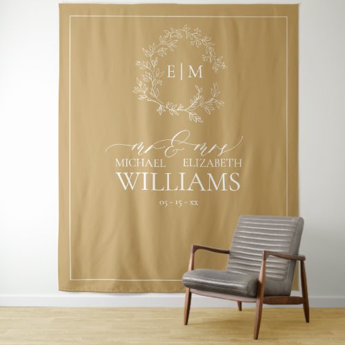 Gold Leafy Crest Monogram Wedding Photo Tapestry - Create the perfect reception photos! We're loving this trendy, modern gold wedding tapestry! Simple, elegant, and oh-so-pretty, it features a hand drawn leafy wreath encircling a modern wedding monogram. It is personalized in elegant typography, and accented with hand-lettered calligraphy. Finally, it is trimmed in a delicate frame. Veiw suite here: https://www.zazzle.com/collections/gold_leafy_crest_monogram_wedding-119668631605460589 Contact designer for matching products to complete the suite, OR for color variations of this design. Thank you sooo much for supporting our small business, we really appreciate it! 
We are so happy you love this design as much as we do, and would love to invite
you to be part of our new private Facebook group Wedding Planning Tips for Busy Brides. 
Join to receive the latest on sales, new releases and more! 
https://www.facebook.com/groups/622298402544171  
Copyright Anastasia Surridge for Elegant Invites, all rights reserved.
