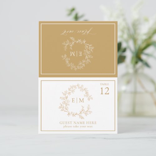 Gold Leafy Crest Monogram Wedding Place Card