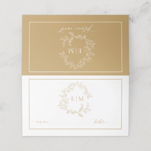 Gold Leafy Crest Monogram Wedding Place Card