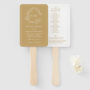 Gold Leafy Crest Monogram Wedding Program Hand Fan