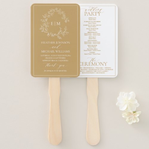 Gold Leafy Crest Monogram Wedding Program Hand Fan - We're loving this trendy, modern gold wedding ceremony program hand fan! Simple, elegant, and oh-so-pretty, it features a hand drawn leafy wreath encircling a modern wedding monogram. It is personalized in elegant typography, and accented with hand-lettered calligraphy. Finally, it is trimmed in a delicate frame. To make advanced changes, go to "Click to customize further" option under Personalize this template. Veiw suite here: https://www.zazzle.com/collections/gold_leafy_crest_monogram_wedding-119668631605460589 Contact designer for matching products to complete the suite, OR for color variations of this design. Thank you sooo much for supporting our small business, we really appreciate it! 
We are so happy you love this design as much as we do, and would love to invite
you to be part of our new private Facebook group Wedding Planning Tips for Busy Brides. 
Join to receive the latest on sales, new releases and more! 
https://www.facebook.com/groups/622298402544171  
Copyright Anastasia Surridge for Elegant Invites, all rights reserved.