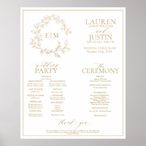 Gold Leafy Crest Monogram Wedding Program Poster