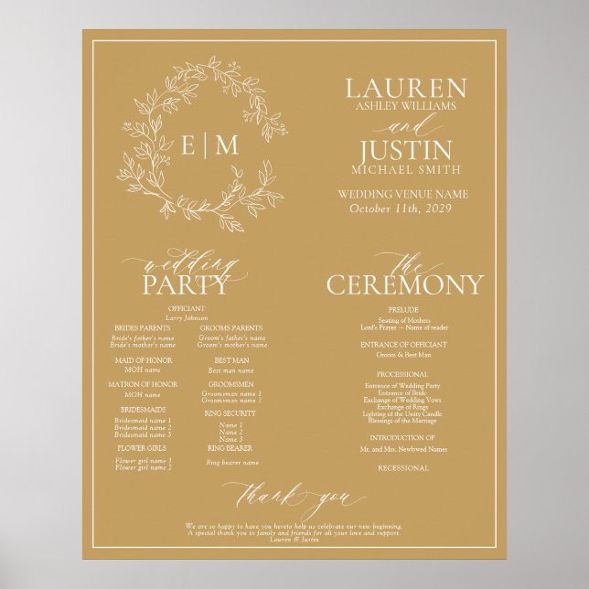 Gold Leafy Crest Monogram Wedding Program Poster (Front)