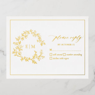Gold Leafy Crest Monogram Wedding RSVP Card