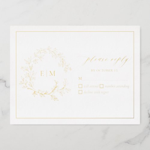 Gold Leafy Crest Monogram Wedding RSVP Card