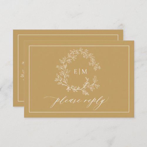 Gold Leafy Crest Monogram Wedding RSVP Card - We're loving this trendy, modern Gold RSVP card! Simple, elegant, and oh-so-pretty, it features a hand drawn leafy wreath encircling a modern wedding monogram. It is personalized in elegant typography, and accented with hand-lettered calligraphy. Finally, it is trimmed in a delicate frame and the back of the card allows guests to indicate their intention to attend and entree selection.To remove meal choices, we have create a how-to video for you here: https://youtu.be/ZGpeldQgxoE  To veiw suite here: https://www.zazzle.com/collections/gold_leafy_crest_monogram_wedding-119668631605460589 Contact designer for matching products to complete the suite, OR for color variations of this design. Copyright Anastasia Surridge for Elegant Invites, all rights reserved.