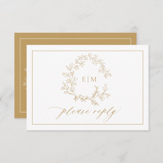 Gold Leafy Crest Monogram Wedding RSVP Card (Front/Back)