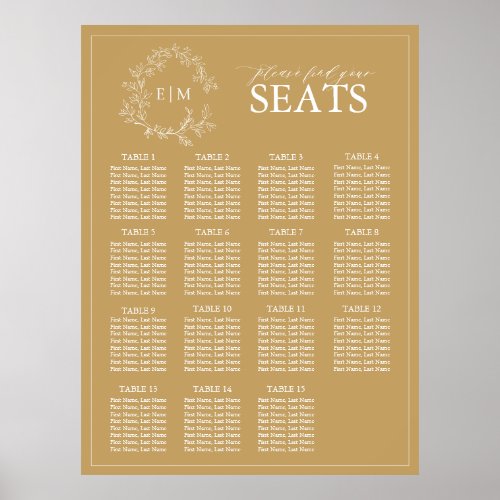 Gold Leafy Crest Monogram Wedding Seating Poster - We're loving this trendy, modern gold reception seating chart! Simple, elegant, and oh-so-pretty, it features a hand drawn leafy wreath encircling a modern wedding monogram. It is personalized in elegant typography, and accented with hand-lettered calligraphy. Finally, it is trimmed in a delicate frame. Designs to allows for 15 tables of 8, allowing for up to 120 guests. Veiw suite here: https://www.zazzle.com/collections/gold_leafy_crest_monogram_wedding-119668631605460589 Contact designer for matching products to complete the suite, OR for color variations of this design. Thank you sooo much for supporting our small business, we really appreciate it! 
We are so happy you love this design as much as we do, and would love to invite
you to be part of our new private Facebook group Wedding Planning Tips for Busy Brides. 
Join to receive the latest on sales, new releases and more! 
https://www.facebook.com/groups/622298402544171  
Copyright Anastasia Surridge for Elegant Invites, all rights reserved.