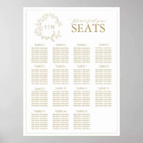 Gold Leafy Crest Monogram Wedding Seating Poster - We're loving this trendy, modern gold reception seating chart! Simple, elegant, and oh-so-pretty, it features a hand drawn leafy wreath encircling a modern wedding monogram. It is personalized in elegant typography, and accented with hand-lettered calligraphy. Finally, it is trimmed in a delicate frame. Designs to allows for 15 tables of 8, allowing for up to 120 guests. Veiw suite here: https://www.zazzle.com/collections/gold_leafy_crest_monogram_wedding-119668631605460589 Contact designer for matching products to complete the suite, OR for color variations of this design. Thank you sooo much for supporting our small business, we really appreciate it! 
We are so happy you love this design as much as we do, and would love to invite
you to be part of our new private Facebook group Wedding Planning Tips for Busy Brides. 
Join to receive the latest on sales, new releases and more! 
https://www.facebook.com/groups/622298402544171  
Copyright Anastasia Surridge for Elegant Invites, all rights reserved.