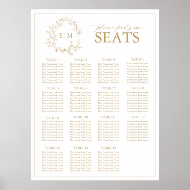 Gold Leafy Crest Monogram Wedding Seating Poster (Front)