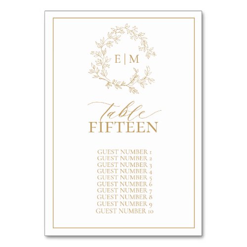 Gold Leafy Crest Monogram Wedding Table Number