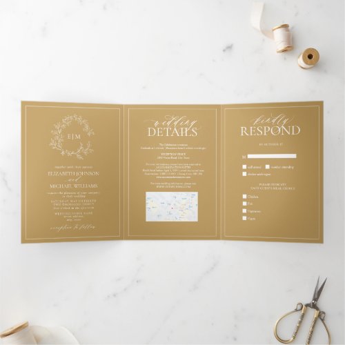 Gold Leafy Crest Monogram Wedding Tri-Fold Invitation - We're loving this trendy, modern gold Trifold invitation simple, elegant, and oh-so-pretty, it features a hand drawn leafy wreath encircling a modern wedding monogram. It is personalized in elegant typography, and accented with hand-lettered calligraphy. Finally, it is trimmed in a delicate frame. To remove meal choices in the RSVP section, we have created a how-to video for you here: https://youtu.be/ZGpeldQgxoE. A Wedding Details contains extra details like, driving directions, reception information, hotel information, etc. This can also include your wedding website including provision for a map (via screen capture) has been included, and even your favorite engagement photo on the back! Veiw suite here: 
https://www.zazzle.com/collections/gold_leafy_crest_monogram_wedding-119668631605460589 Contact designer for matching products to complete the suite, OR for color variations of this design. Thank you sooo much for supporting our small business, we really appreciate it! 
We are so happy you love this design as much as we do, and would love to invite
you to be part of our new private Facebook group Wedding Planning Tips for Busy Brides. 
Join to receive the latest on sales, new releases and more! 
https://www.facebook.com/groups/622298402544171  
Copyright Anastasia Surridge for Elegant Invites, all rights reserved.