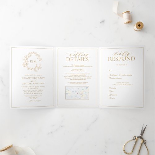 Gold Leafy Crest Monogram Wedding Tri_Fold Invitation