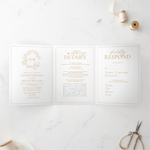 Gold Leafy Crest Monogram Wedding Tri-Fold Invitation - We're loving this trendy, modern gold Trifold invitation simple, elegant, and oh-so-pretty, it features a hand drawn leafy wreath encircling a modern wedding monogram. It is personalized in elegant typography, and accented with hand-lettered calligraphy. Finally, it is trimmed in a delicate frame. To remove meal choices in the RSVP section, we have created a how-to video for you here: https://youtu.be/ZGpeldQgxoE. A Wedding Details contains extra details like, driving directions, reception information, hotel information, etc. This can also include your wedding website including provision for a map (via screen capture) has been included, and even your favorite engagement photo on the back! Veiw suite here: 
https://www.zazzle.com/collections/gold_leafy_crest_monogram_wedding-119668631605460589 Contact designer for matching products to complete the suite, OR for color variations of this design. Thank you sooo much for supporting our small business, we really appreciate it! 
We are so happy you love this design as much as we do, and would love to invite
you to be part of our new private Facebook group Wedding Planning Tips for Busy Brides. 
Join to receive the latest on sales, new releases and more! 
https://www.facebook.com/groups/622298402544171  
Copyright Anastasia Surridge for Elegant Invites, all rights reserved.