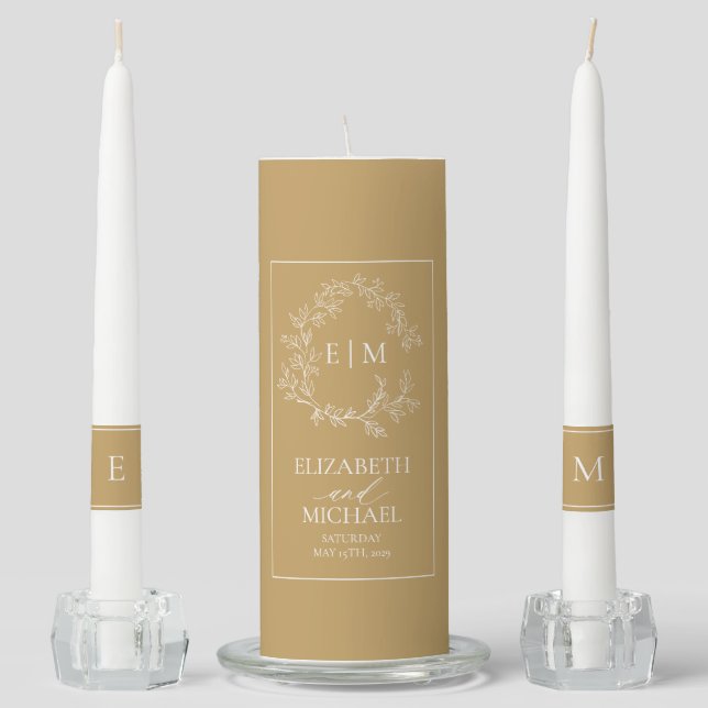 Gold Leafy Crest Monogram Wedding Unity Candle Set (Front)