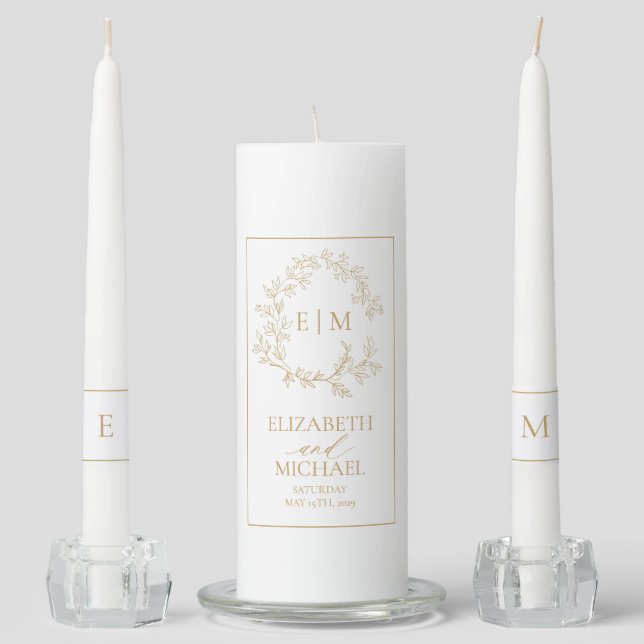 Gold Leafy Crest Monogram Wedding Unity Candle Set (Front)