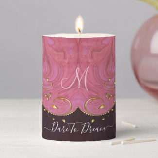 Gold Leafy Flourish on Pink Burgundy Swirl  Pillar Candle