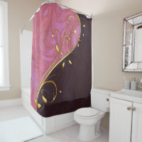 Gold Leafy Flourish on Pink Burgundy Swirl Shower Curtain