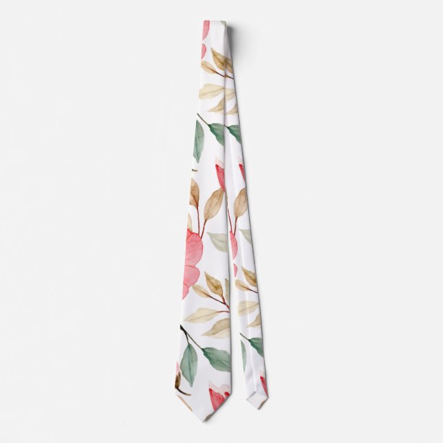 Gold Leafy Green Dusty Blush Pink Pattern Neck Tie (Front)