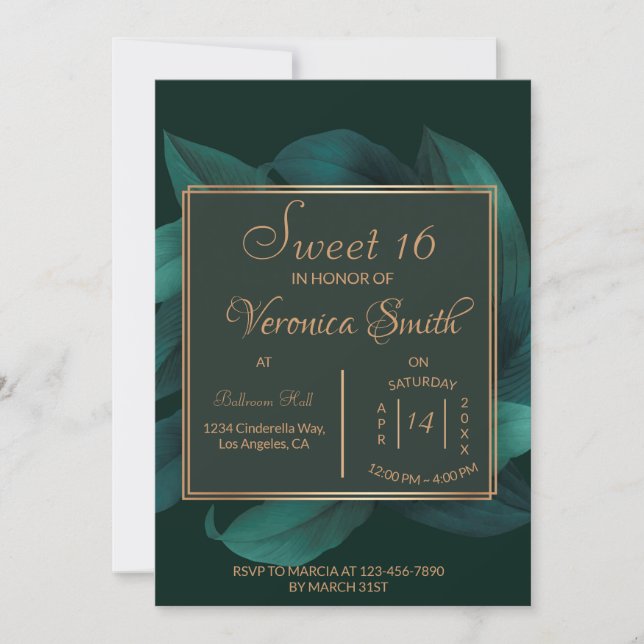 Gold Leafy Sweet 16 Invitation (Front)