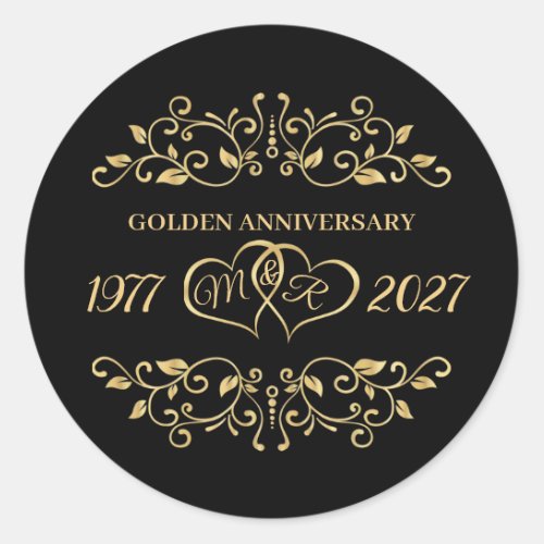 Gold leafy swirls hearts 50th Wedding Anniversary Classic Round Sticker