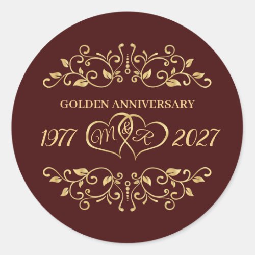 Gold leafy swirls hearts 50th Wedding Anniversary Classic Round Sticker