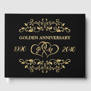 Gold Leafy Swirls Hearts 50th Wedding Anniversary Guest Book
