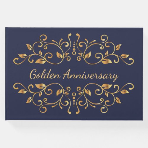 Gold leafy swirls on blue 50th Wedding Anniversary Guest Book