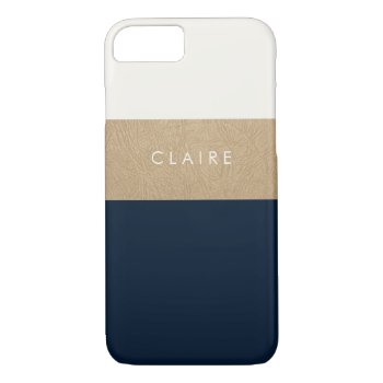 Gold Leather And Navy Blue Iphone 8/7 Case by OakStreetPress at Zazzle