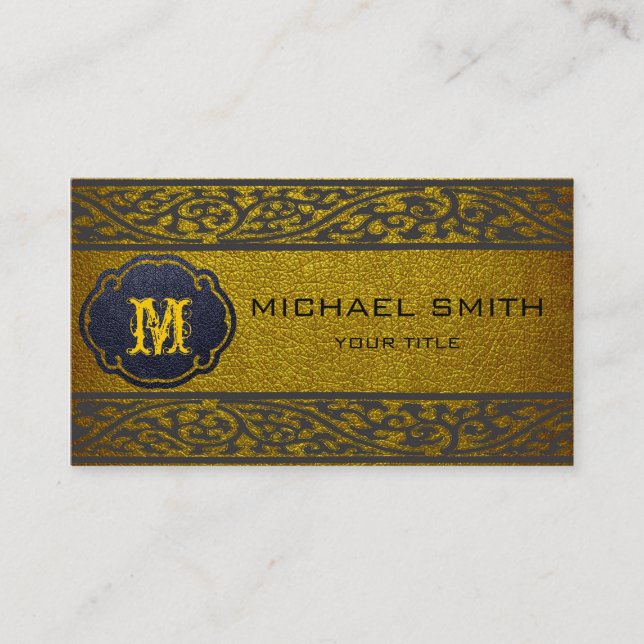 Gold Leather Black Damask Border Business Card (Front)