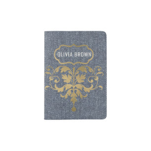 GOLD LEATHER DAMASK ON BLUE DENIM JEANS MONOGRAM PASSPORT HOLDER