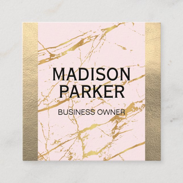 Gold Leather | Pink Gold Marble Abstract Square Business Card (Front)