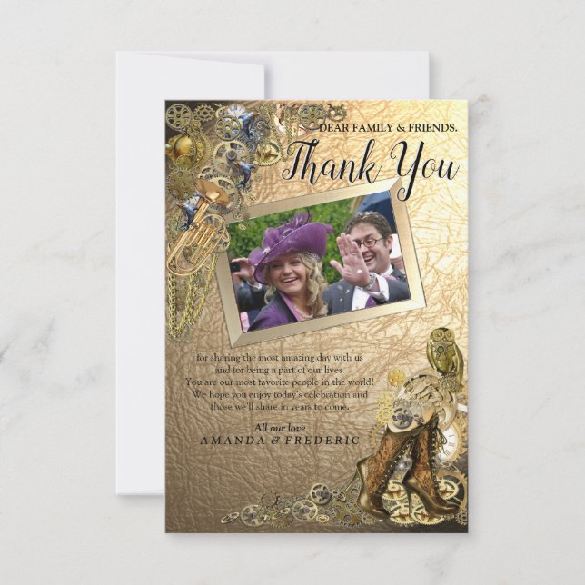 Gold Leather Steampunk Wedding Thank You card (Front)