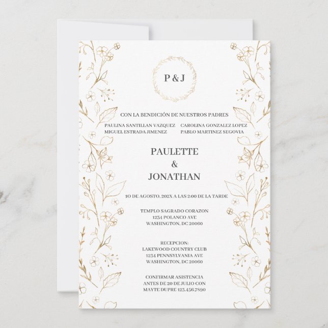Gold leave elegant wedding invitation (Front)