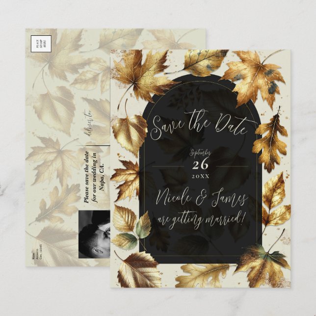 Gold Leaves Almond & Beige Black Glam Fall Wedding Announcement Postcard (Front/Back)