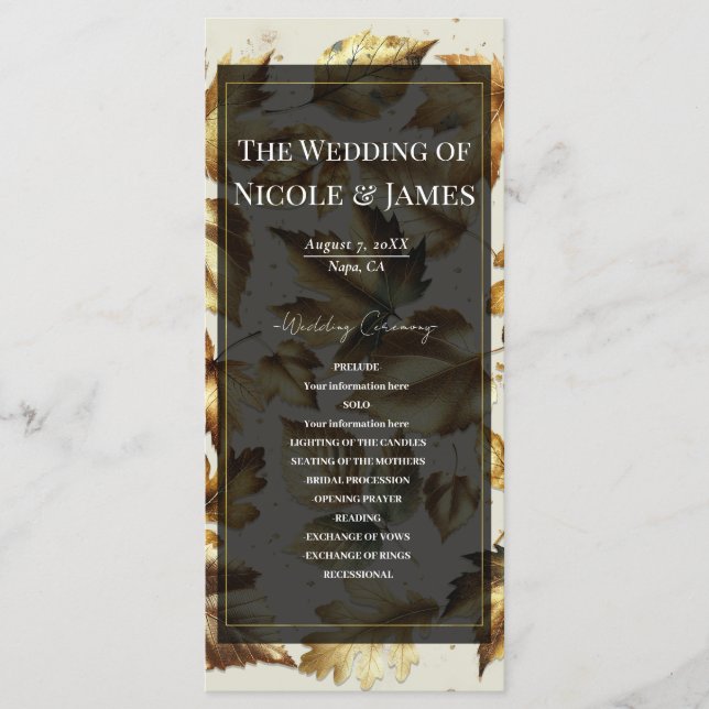 Gold Leaves Almond Beige & Black Wedding Program (Front)