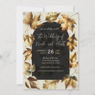 Gold Leaves Almond Beige Cream Black Fall Wedding Invitation