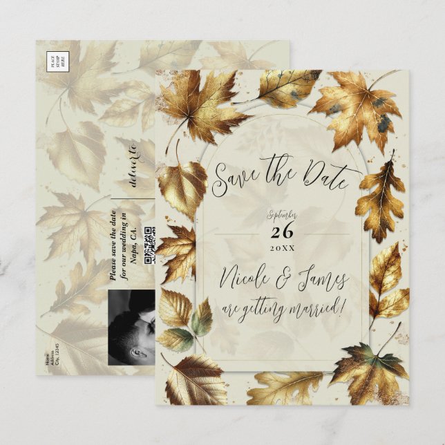 Gold Leaves Almond Beige Cream Fall Save the Date  Announcement Postcard (Front/Back)