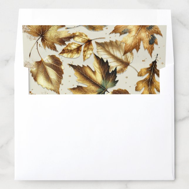 Gold Leaves Almond Beige Glam Fall Wedding Envelope Liner (In Envelope)