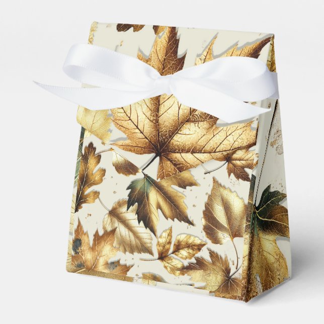 Gold Leaves Almond Beige Glam Fall Wedding Favor Boxes (Front Side)