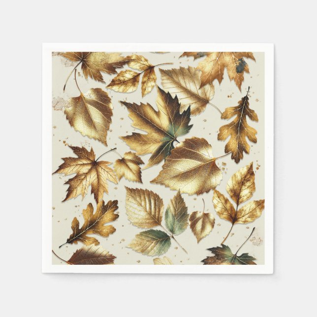 Gold Leaves Almond Beige Glam Fall Wedding Napkins (Front)
