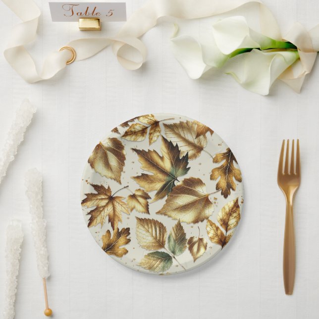 Gold Leaves Almond Beige Glam Fall Wedding Paper Plates (Wedding)