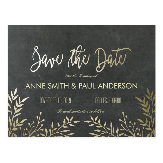 Gold Leaves And Chalkboard Save The Date Postcard